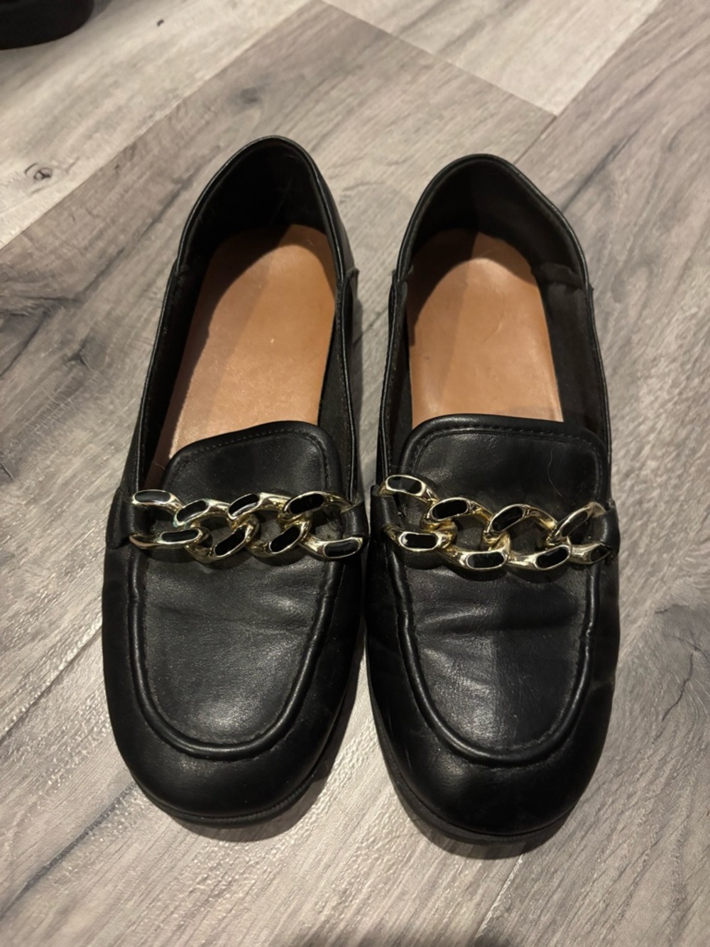 Call It Spring Black Loafers with Gold Chain Accent